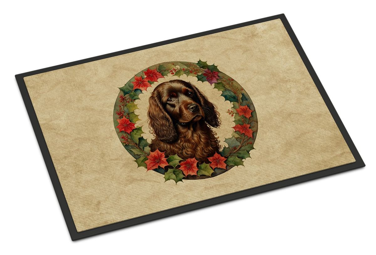 Boykin Spaniel Christmas Flowers Doormat Front Door Mat Indoor Outdoor Rugs For Entryway, Non Slip Washable Low Pile, 24H X 36W_maomaolike.com