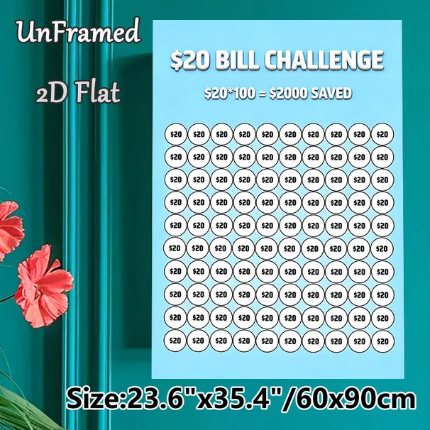 $20 Bill Savings Challenge Painting Poster, Light Blue Minimalist Savings Tracker Poster, Practical Tool To Save Up To $2000, Ideal For Home Personal_maomaolike.com