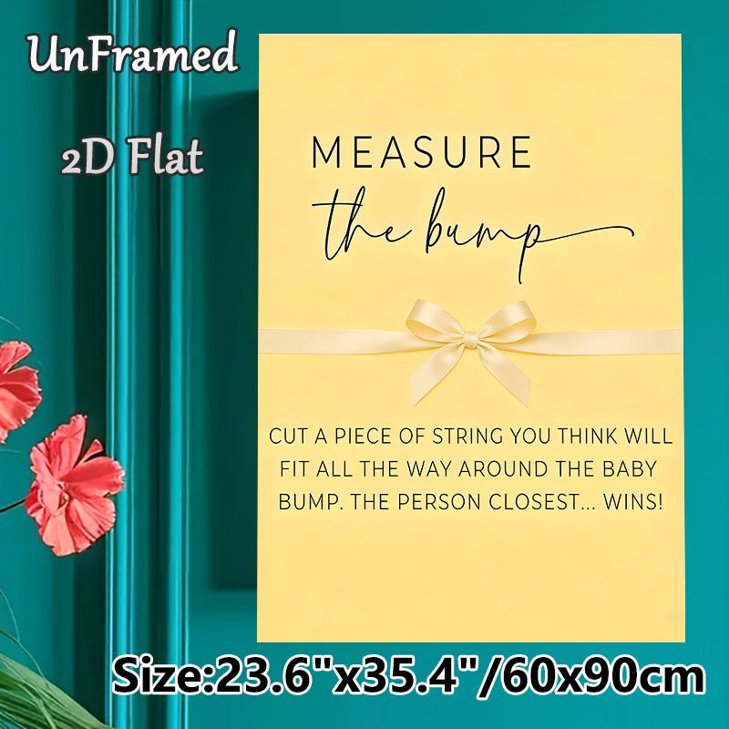 Baby Shower "Measure The Bump" Painting Poster, Soft Yellow Elegant Typographic Poster With Printed Ribbon, Fun Interactive Game Sign Ideal For Baby_maomaolike.com