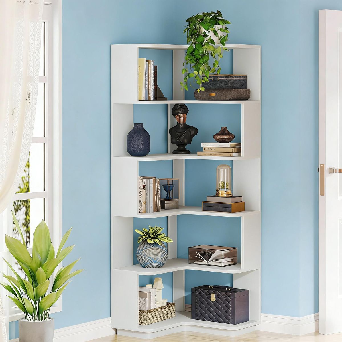 6-Tier Corner Bookshelf, 64.96" Corner Bookcase With Anti-Drop Panel_maomaolike.com