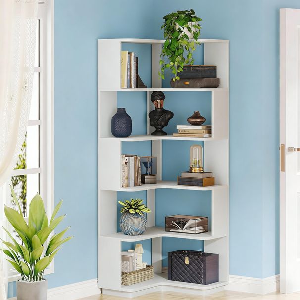 6-Tier Corner Bookshelf, 64.96" Corner Bookcase With Anti-Drop Panel_maomaolike.com