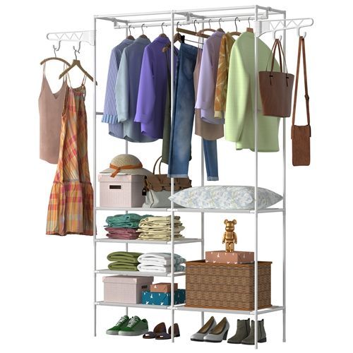 Metal Garment Rack Shoe Clothing Organizer Shelves Freestanding Multifunctional Clothes Wardrobe_maomaolike.com
