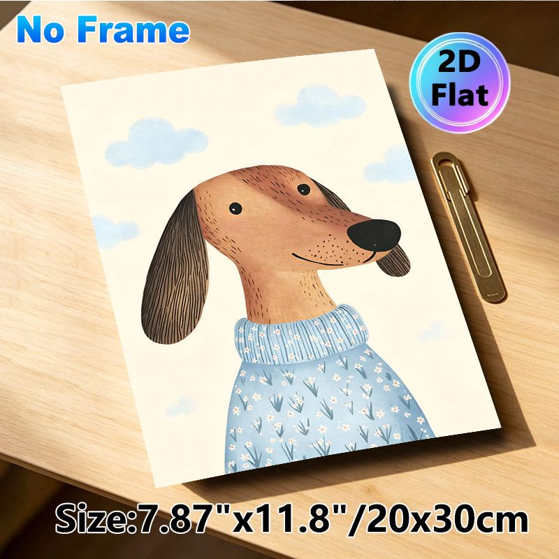 Dachshund Themed Painting Poster, Warm Cute Illustrated Dachshund In Floral Sweater With Cloud Backdrop Poster, Charming Decor Option For Living Room_maomaolike.com