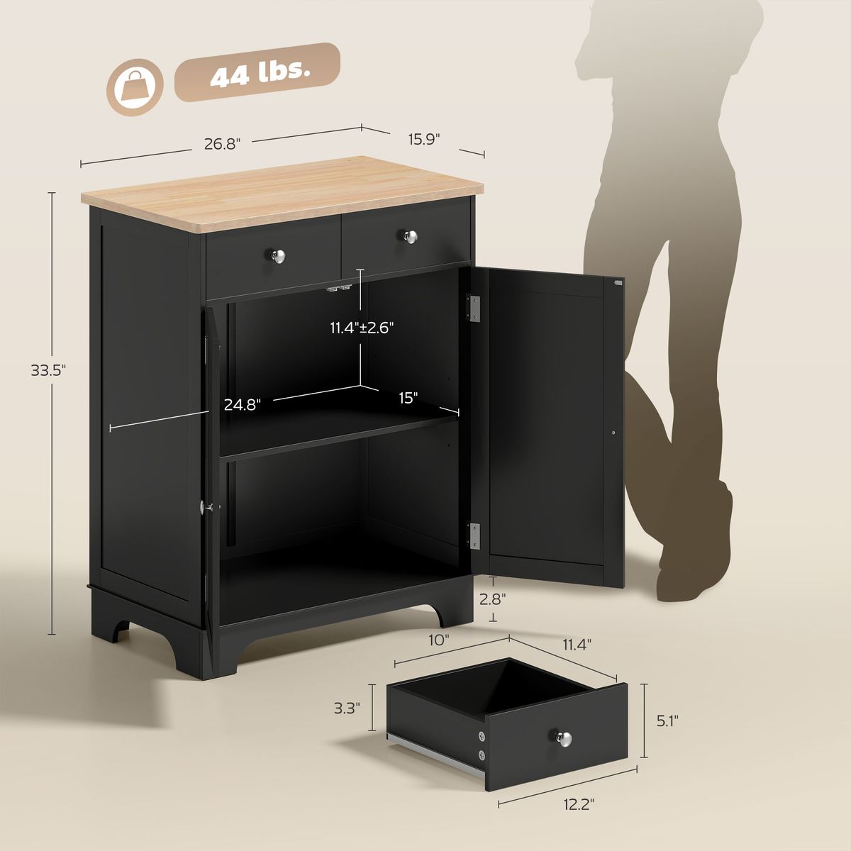 Kitchen Storage Cabinet, Sideboard Floor Cupboard With Solid Wood Top, Adjustable Shelf, And 2 Drawers, Black_maomaolike.com