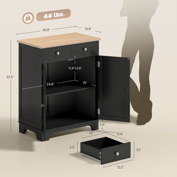 Kitchen Storage Cabinet, Sideboard Floor Cupboard With Solid Wood Top, Adjustable Shelf, And 2 Drawers, Black_maomaolike.com