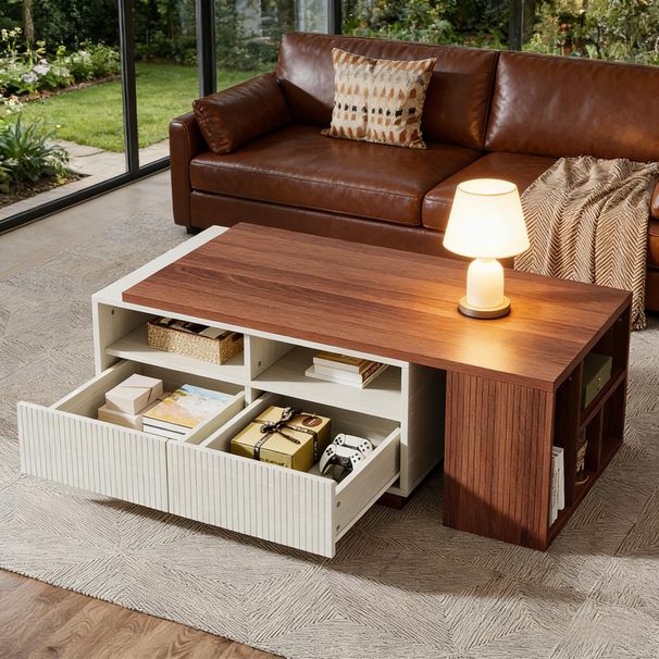 Extendable Coffee Table, Center Table With 2 Drawers And Reversible Tabletop_maomaolike.com