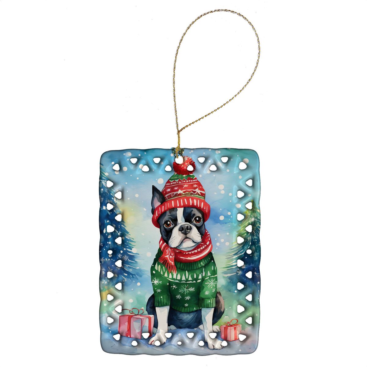Boston Terrier Christmas Porcelain Ornament Christmas Tree Hanging Decorations For Home Christmas Holiday, Rectangle, Gift, Multicolor_maomaolike.com