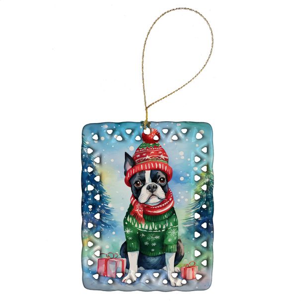 Boston Terrier Christmas Porcelain Ornament Christmas Tree Hanging Decorations For Home Christmas Holiday, Rectangle, Gift, Multicolor_maomaolike.com