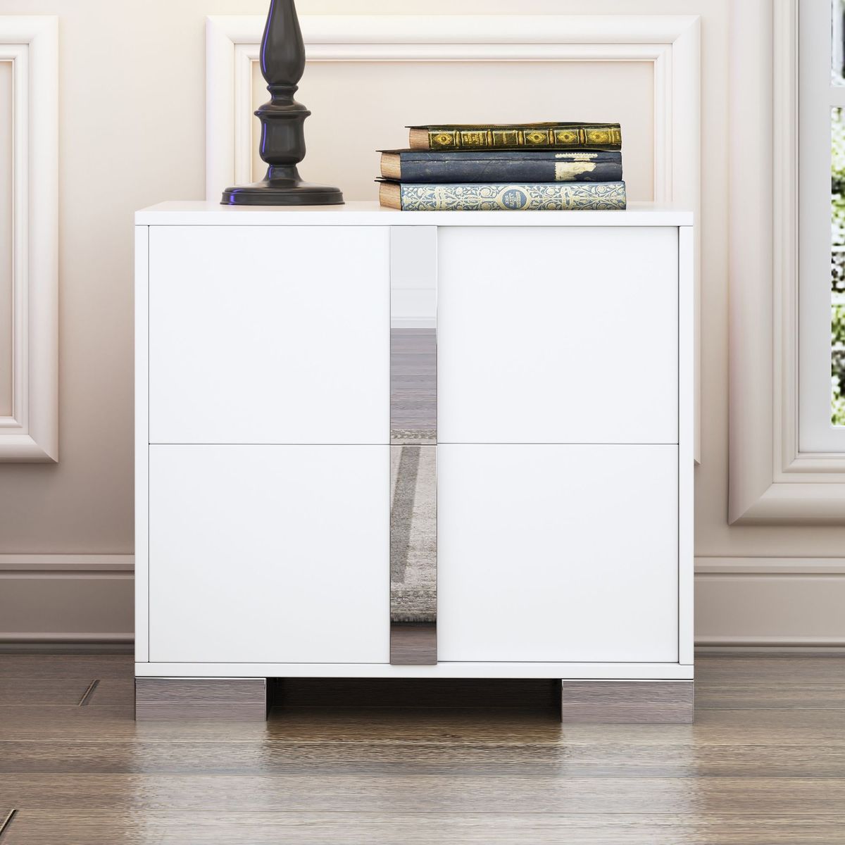 Elegant Nightstand With Metal Handle,Mirrored Bedside Table With 2 Drawers For Bedroom,Living Room,White_maomaolike.com