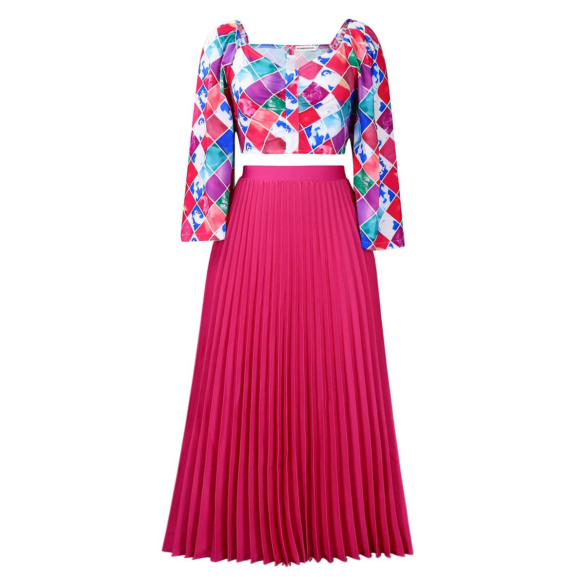Women's Clothing women's summer new fashion V neck printed top pleated long skirt two piece suit_maomaolike.com