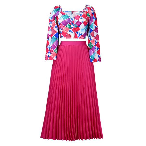 Women's Clothing women's summer new fashion V neck printed top pleated long skirt two piece suit_maomaolike.com