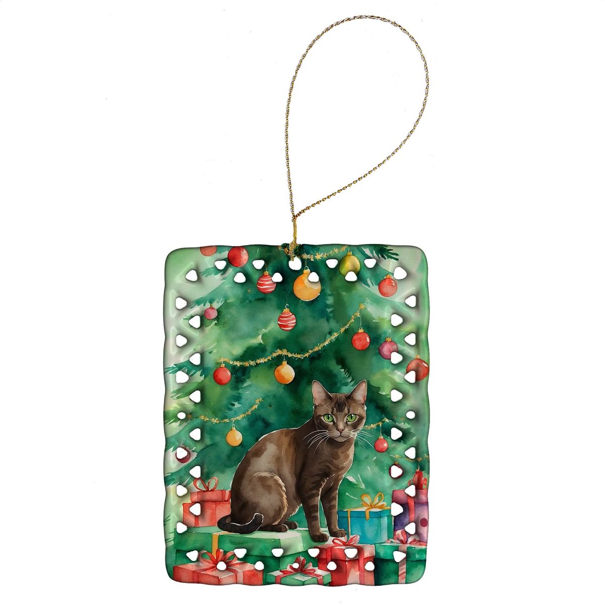 Havana Brown Cat By The Christmas Tree Porcelain Ornament Christmas Tree Hanging Decorations For Home Christmas Holiday, Rectangle, Gift, Multicolor_maomaolike.com