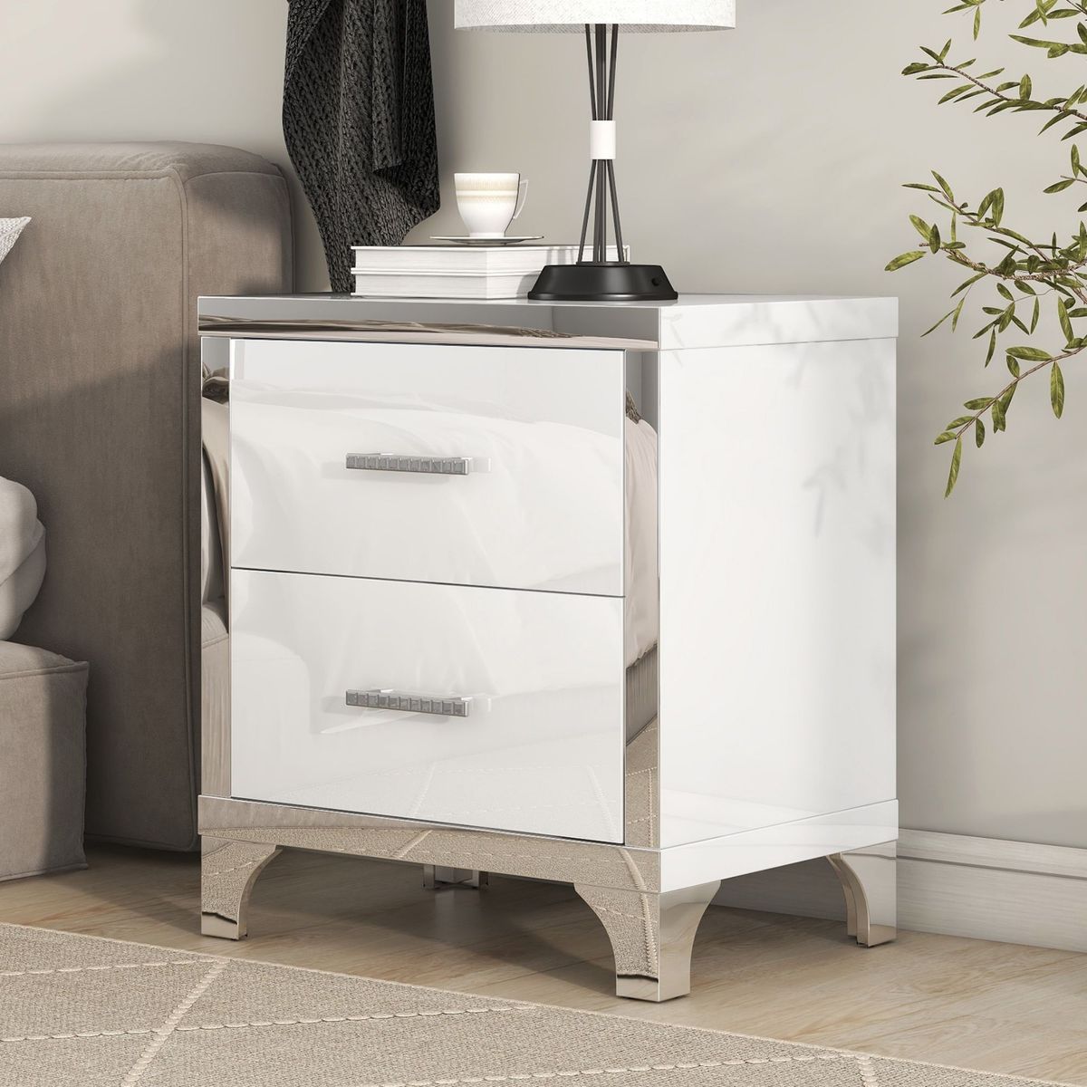 Elegant High Gloss Nightstand With Metal Handle,Mirrored Bedside Table With 2 Drawers For Bedroom,Living Room_maomaolike.com