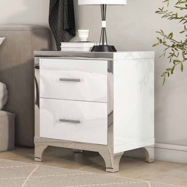 Elegant High Gloss Nightstand With Metal Handle,Mirrored Bedside Table With 2 Drawers For Bedroom,Living Room_maomaolike.com
