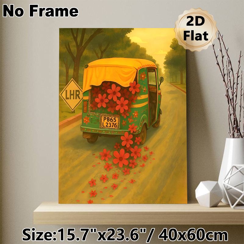 Floral Auto Rickshaw Painting Poster, Warm-hued Whimsical Art Poster, Charming Nostalgic Design Ideal For Living Room, Hallway Wall Decor_maomaolike.com