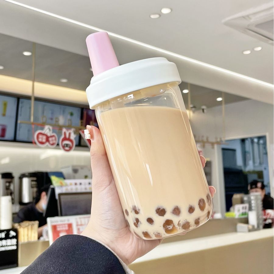 500/850ml Cute Pearl Milk Tea Straw Plastic Water Bottle With Cup Cover Bubble Coffee Cups Drop-proof Large Capacity_maomaolike.com