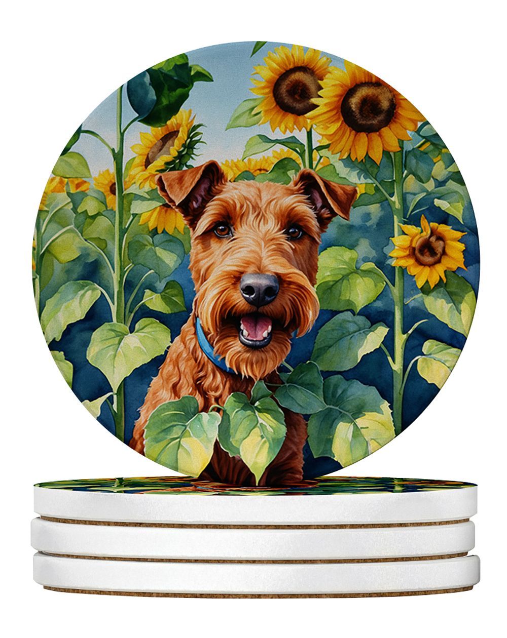 Irish Terrier In Sunflowers Large Sandstone Coasters Pack Of 4 Absorbent Round Coasters Decor Gifts For Men Or Women, 4 In, Multicolor_maomaolike.com