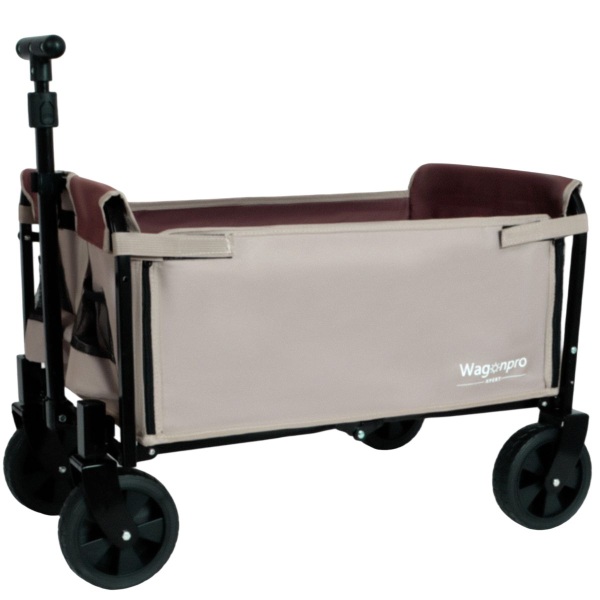 All-in-One Convertible Folding Camping Wagon Cart: Bench Seat, Storage Compartment & Included Dog Tether, Beige/Brown_maomaolike.com