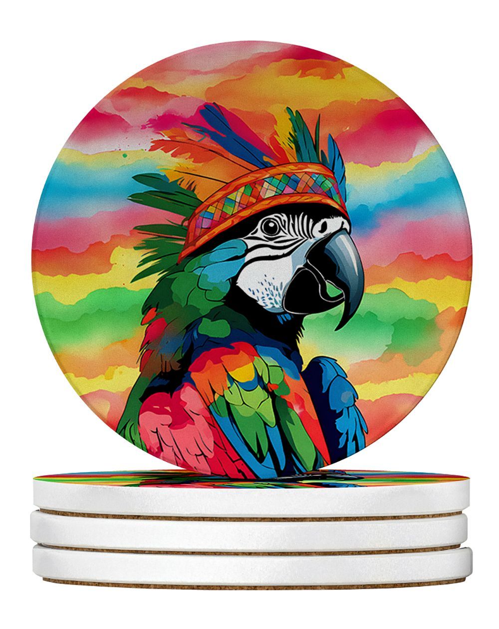 Hippie Animal Parrot Large Sandstone Coasters Pack Of 4 Absorbent Round Coasters Decor Gifts For Men Or Women, 4 In, Multicolor_maomaolike.com