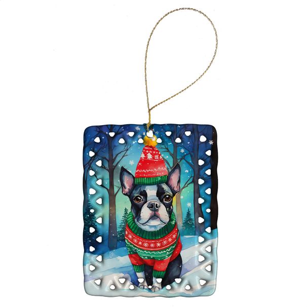 Boston Terrier Christmas Porcelain Ornament Christmas Tree Hanging Decorations For Home Christmas Holiday, Rectangle, Gift, Multicolor_maomaolike.com