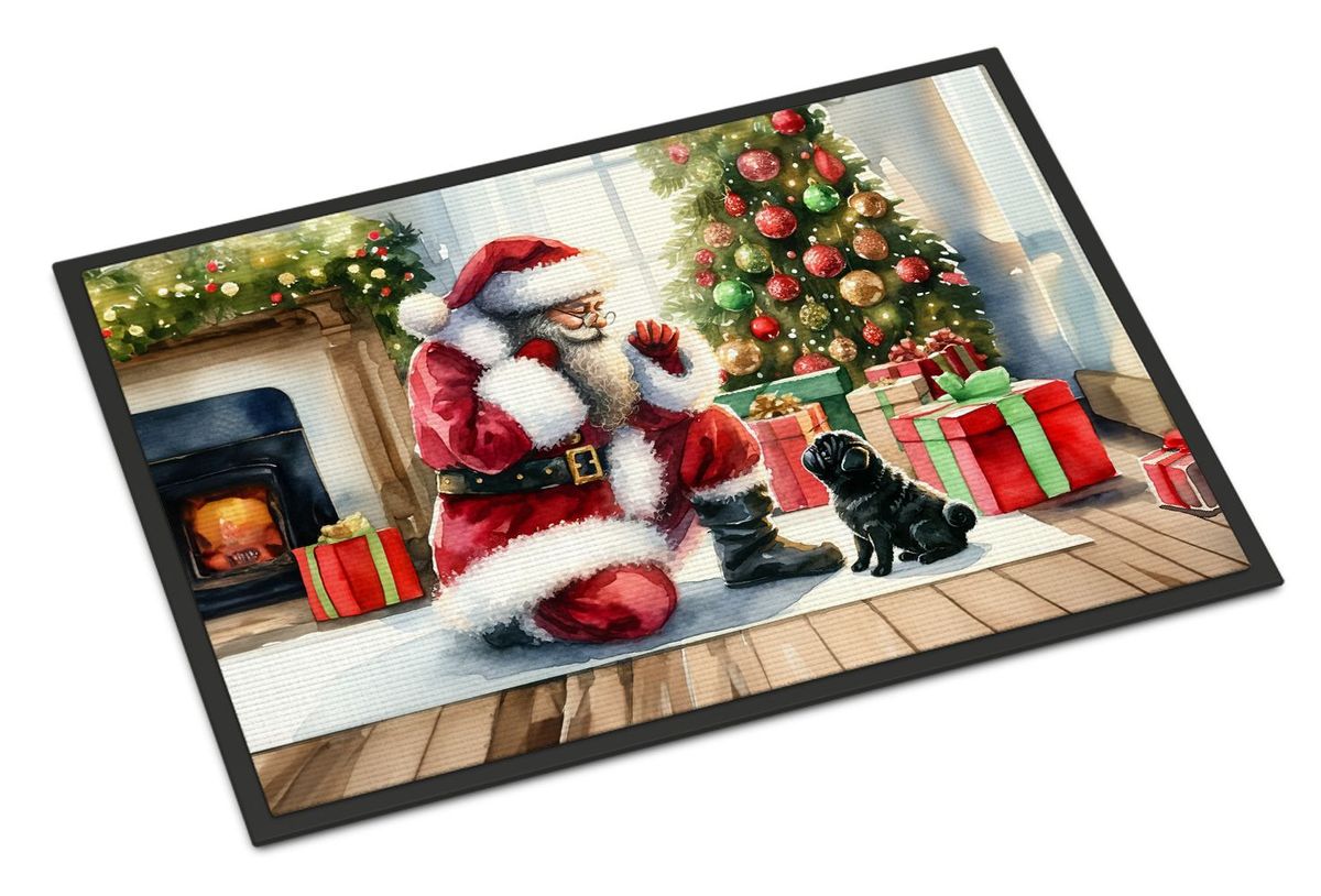 Black Pug And Santa Claus Doormat Front Door Mat Indoor Outdoor Rugs For Entryway, Non Slip Washable Low Pile, 24H X 36W_maomaolike.com