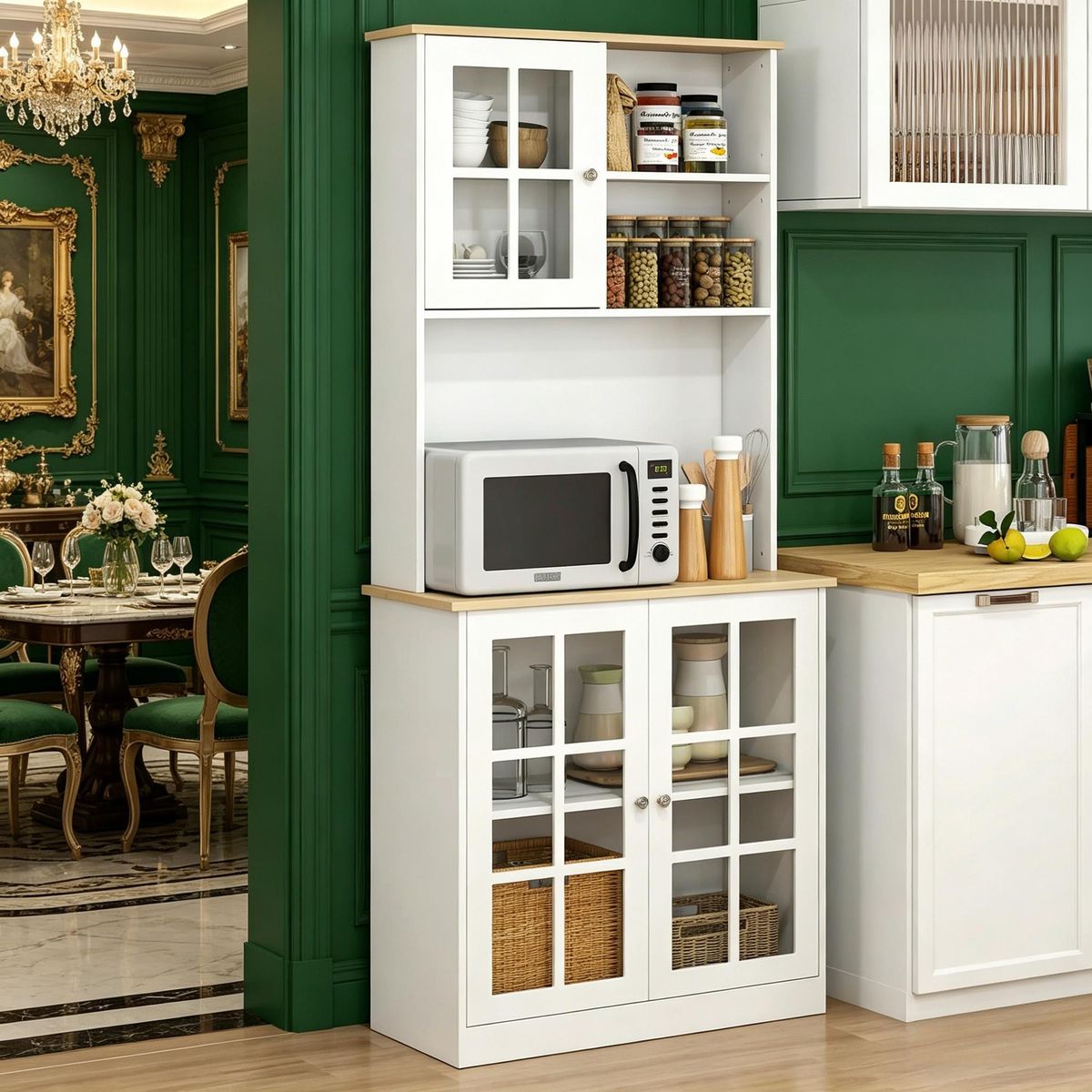 Kitchen Pantry Cabinet Freestanding Storage Cabinet With Hutch, Large Countertop, Glass Doors And Adjustable Shelves_maomaolike.com