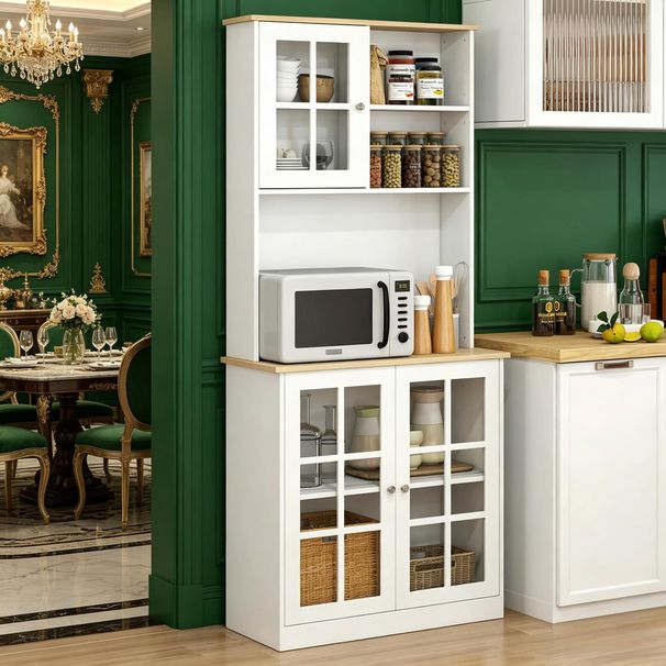 Kitchen Pantry Cabinet Freestanding Storage Cabinet With Hutch, Large Countertop, Glass Doors And Adjustable Shelves_maomaolike.com