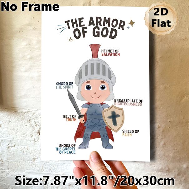 The Armor Of God Painting Poster, Cute Cartoon Warrior With Faith-themed Annotations Poster, Inspirational Religious Decor Ideal For Church, Study_maomaolike.com