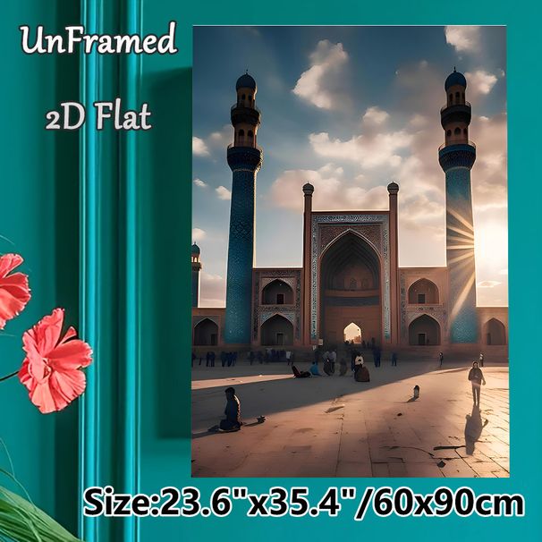 Islamic Mosque Painting Poster, Warm-toned Vintage Sunlit Mosque Square Poster, Exquisite Architectural Details Ideal For Living Room, Study Or_maomaolike.com