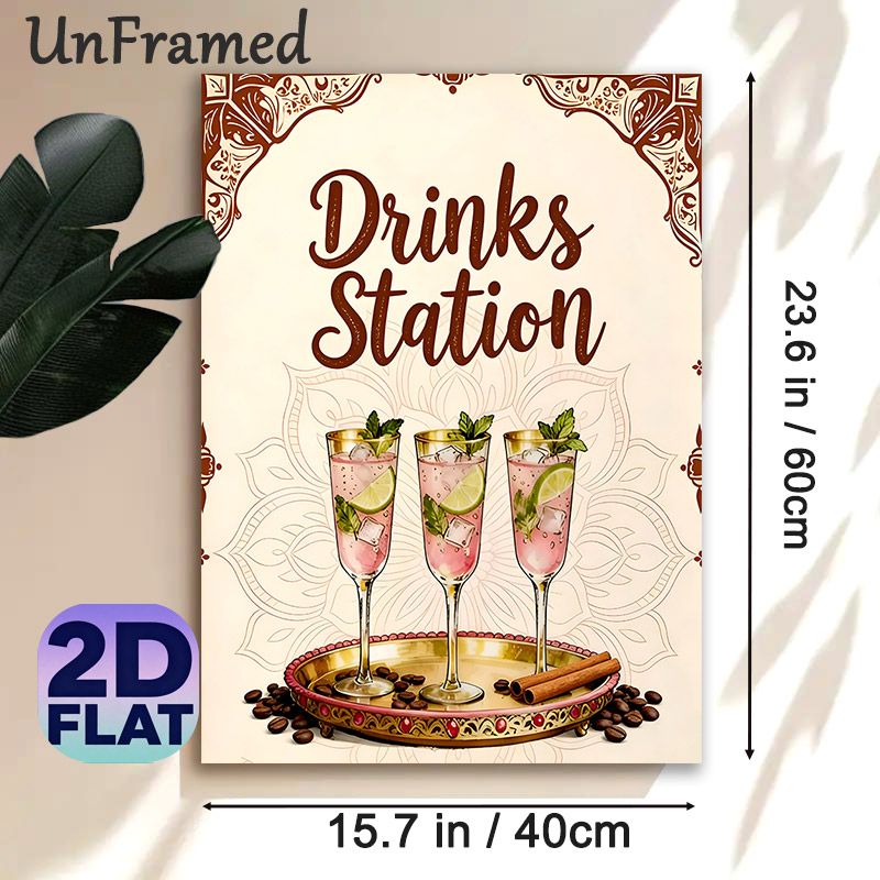 Drinks Station Painting Poster, Vintage Bohemian Style Poster, Elegant Pink Cocktail With Mint & Lime Design, Creates Cozy Beverage Area Atmosphere_maomaolike.com