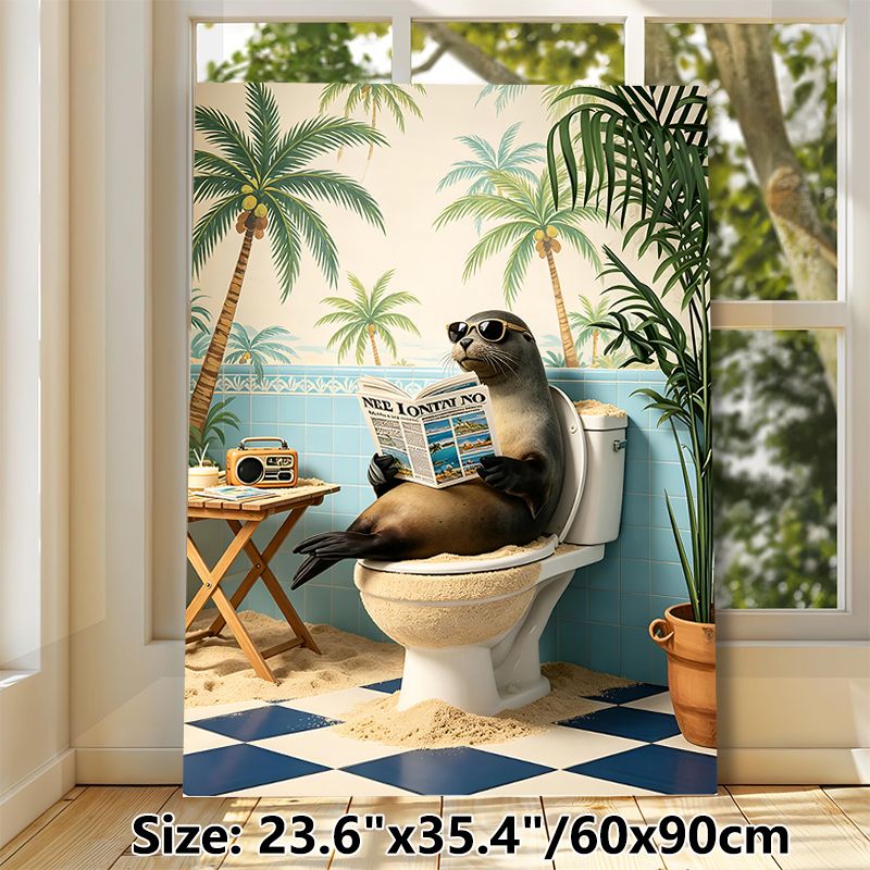 Humorous Beach Sea Lion Painting Poster, Whimsical Tropical Scene Poster, Funny Sea Lion In Sunglasses Reading Newspaper On Toilet, Lighthearted_maomaolike.com