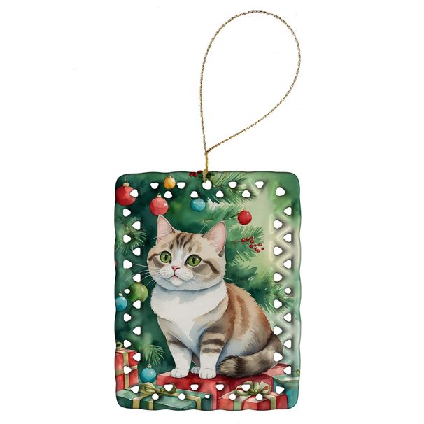 Munchkin Cat By The Christmas Tree Porcelain Ornament Christmas Tree Hanging Decorations For Home Christmas Holiday, Rectangle, Gift, Multicolor_maomaolike.com