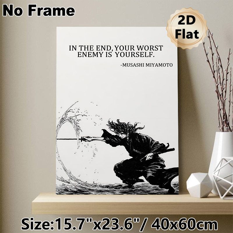 Miyamoto Musashi Samurai Quote Painting Poster, Monochrome Ink-wash Style Sword-wielding Samurai Poster, Inspirational Motivational Quote Wall Decor_maomaolike.com