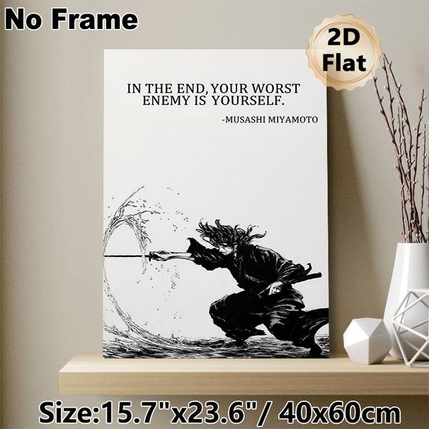 Miyamoto Musashi Samurai Quote Painting Poster, Monochrome Ink-wash Style Sword-wielding Samurai Poster, Inspirational Motivational Quote Wall Decor_maomaolike.com