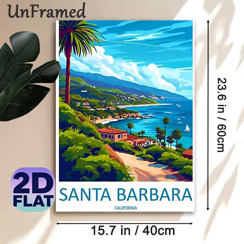 Santa Barbara Coastal Landscape Painting Poster, Bright Retro-style Seaside Scenery Poster, Tropical Coastal View With Palm Trees & Coastal Homes_maomaolike.com