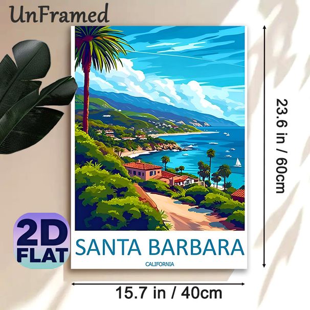 Santa Barbara Coastal Landscape Painting Poster, Bright Retro-style Seaside Scenery Poster, Tropical Coastal View With Palm Trees & Coastal Homes_maomaolike.com