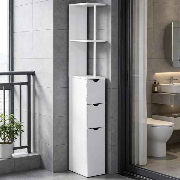 Narrow Side Floor Organizer Freestanding Linen Tower With 2-Tier Shelf And Drawers Bathroom Storage Cabinet_maomaolike.com