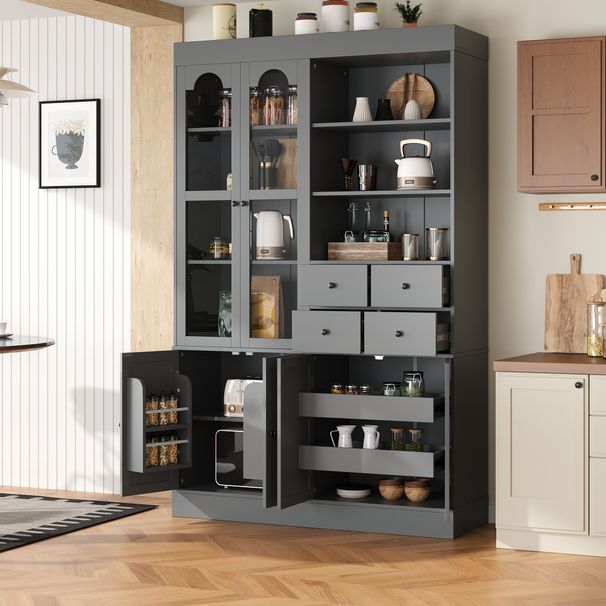 TOPMAx 47.2x15.7x75inch Freestanding Buffet With Hutch Tall Kitchen Pantry Cabinet With 4 Drawers Door Shelves And Pull- Out Trays For Dining Room Living Room Gray_maomaolike.com
