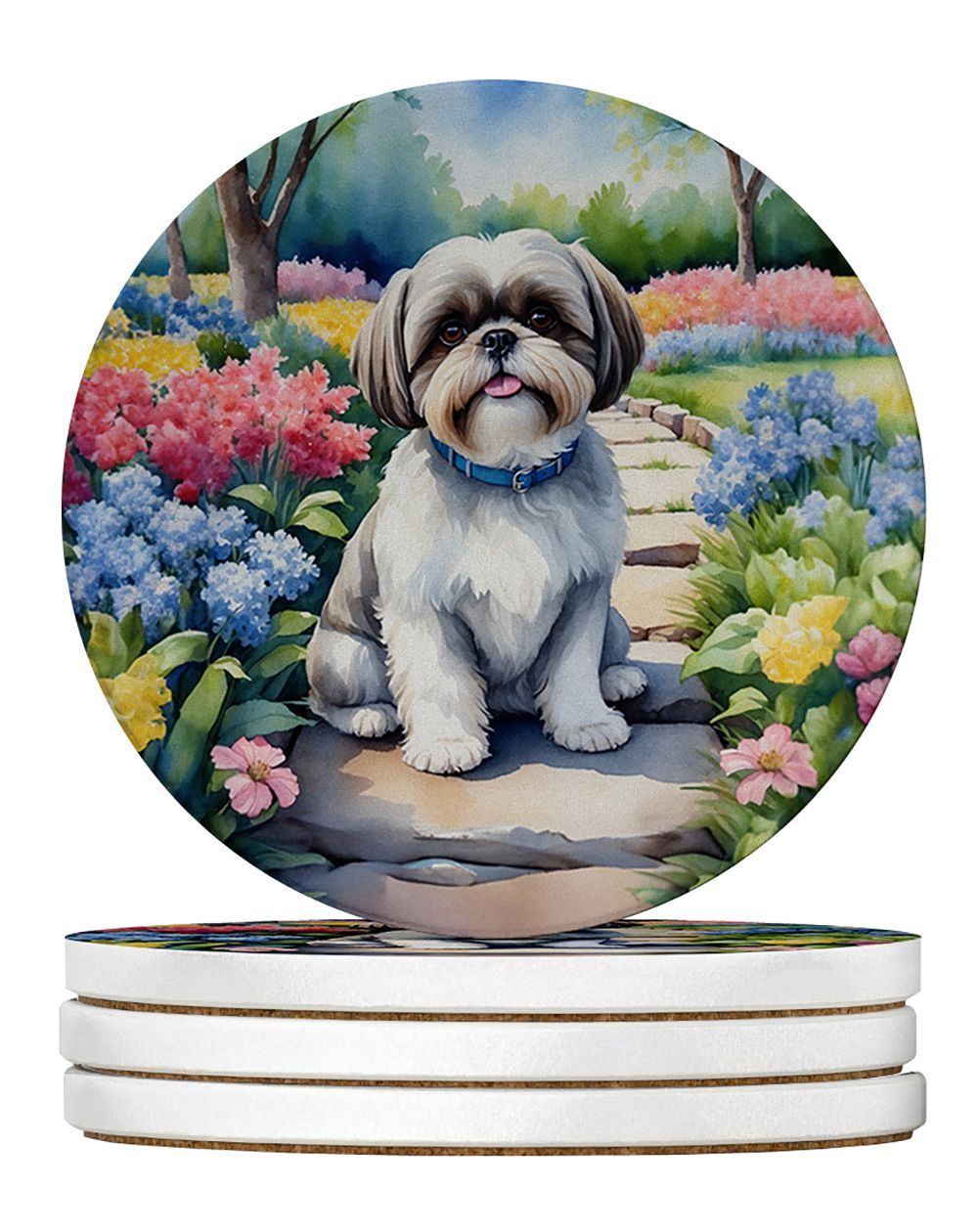 Shih Tzu Spring Path Large Sandstone Coasters Pack Of 4 Absorbent Round Coasters Decor Gifts For Men Or Women, 4 In, Multicolor_maomaolike.com