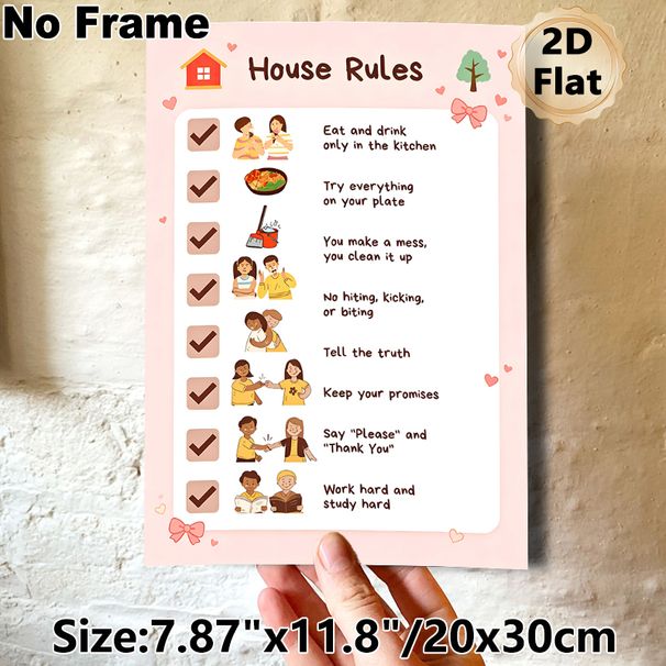 House Rules Painting Poster, Warm Cute Cartoon Style Poster, Clearly Lists Household Behavior Guidelines, Ideal For Home To Promote Positive Family_maomaolike.com