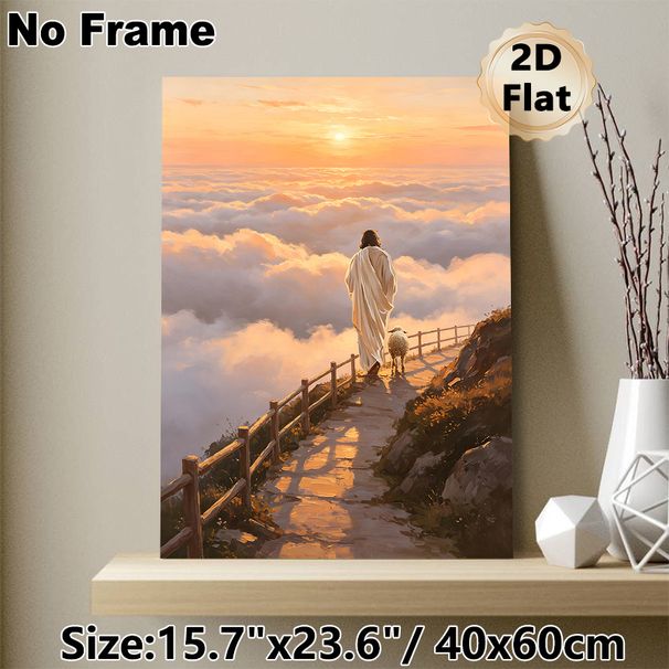 Jesus With Lamb Spiritual Painting Poster, Warm-toned Oil Painting Style Poster, Serene Sunset Scene With Jesus And Lamb Above Clouds, Peaceful_maomaolike.com