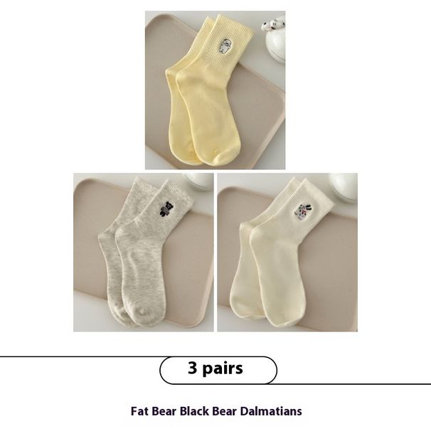 Autumn Cute Dog Embroidery Trend Healing Striped Pure Cotton Breathable Mid Tube Socks Ins Casual Pile Socks_maomaolike.com