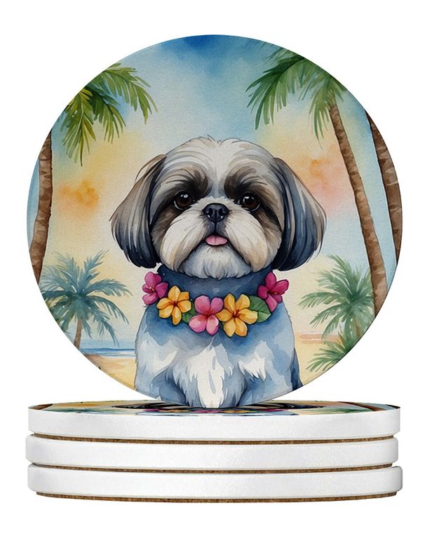 Shih Tzu Luau Large Sandstone Coasters Pack Of 4 Absorbent Round Coasters Decor Gifts For Men Or Women, 4 In, Multicolor_maomaolike.com