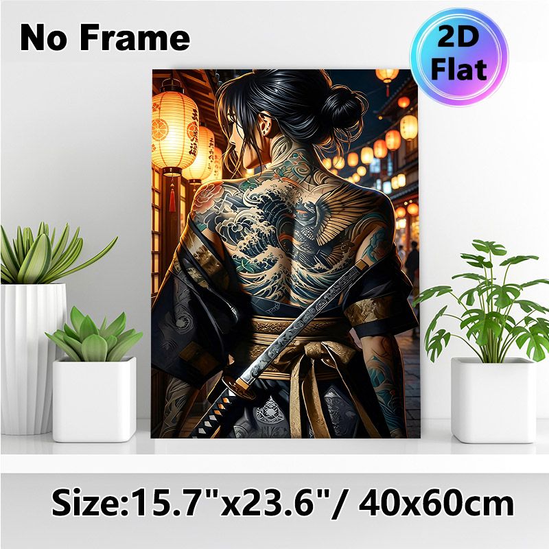 Japanese Samurai With Full Back Tattoo Painting Poster, Vivid Ukiyo-e Style Lantern-lit Alley Poster, Authentic Cultural Design, Ideal For Home_maomaolike.com