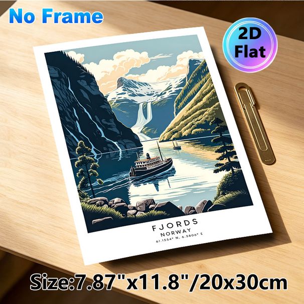 Norway Fjords Painting Poster, Vibrant Retro-style Scenic Fjord View Poster, Captivating Design With Cruise Ships, Waterfalls & Snow-capped Peaks_maomaolike.com