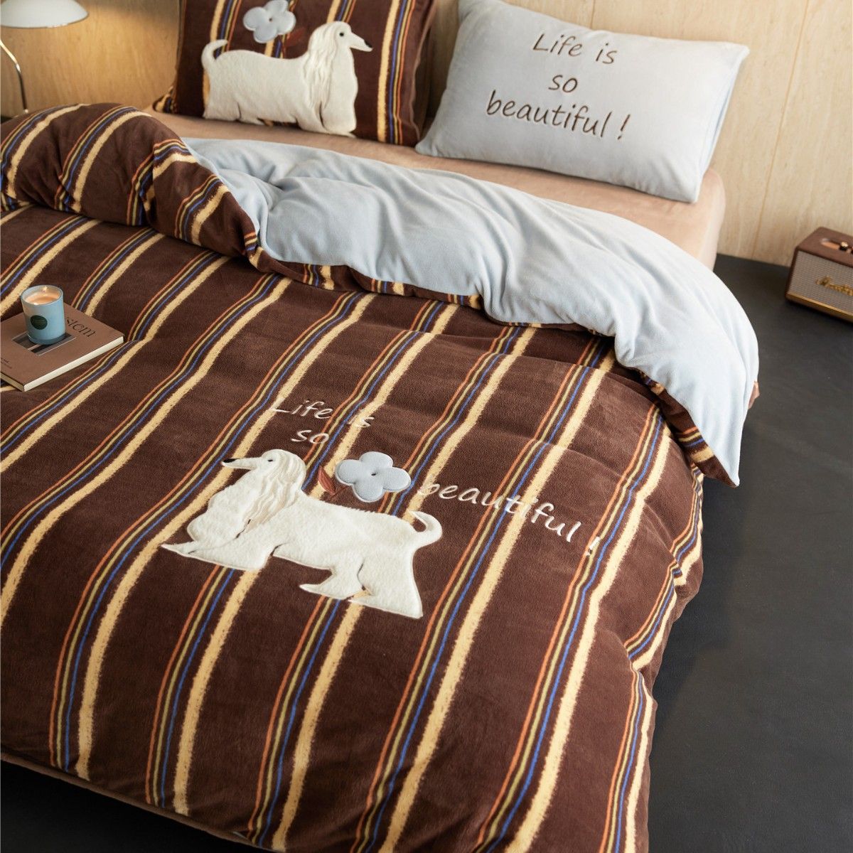 Autumn Winter Cartoon Color-Block Striped Greyhound Patch Embroidery Warm Bedding Anti-Static Milk Velvet Four-Piece Set Home Text_maomaolike.com