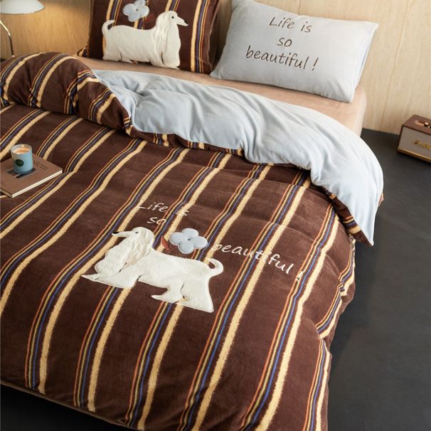 Autumn Winter Cartoon Color-Block Striped Greyhound Patch Embroidery Warm Bedding Anti-Static Milk Velvet Four-Piece Set Home Text_maomaolike.com