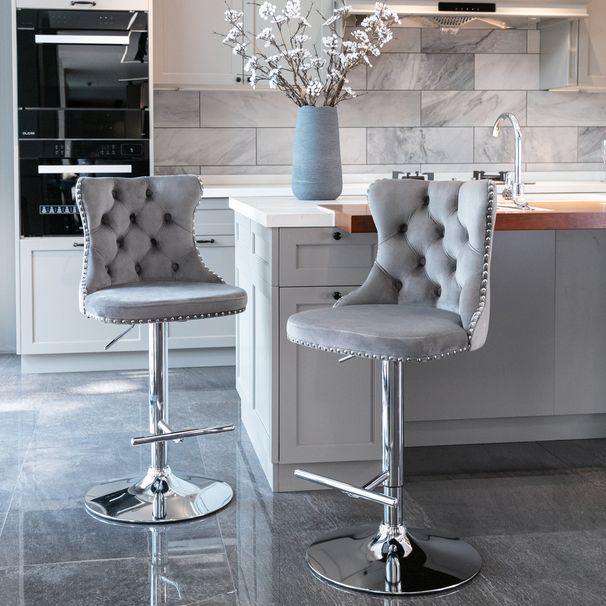 Swivel Velvet Barstools Adjusatble Seat Height From 25-33 Inch, Chrome Base Bar Stools With Backs Comfortable Tufted For Home Pub And Kitchen Island,Set Of 2, AS1712GY, Gray_maomaolike.com