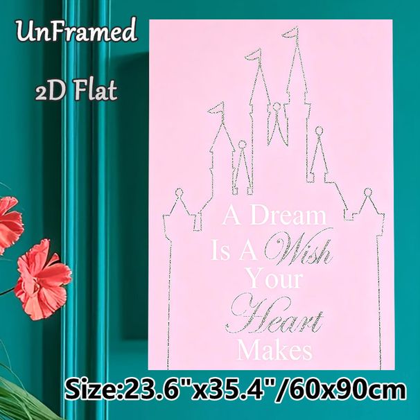 Castle Themed Painting Poster, Soft Pink Minimalist Line Art Castle Poster, Inspirational "A Dream Is A Wish Your Heart Makes" Quote For Bedroom_maomaolike.com