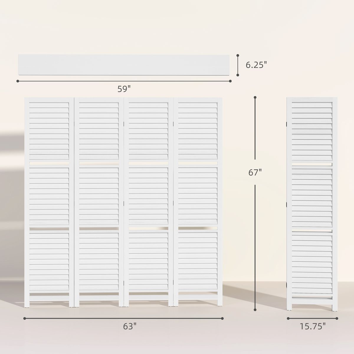 4 Panel 67" Tall Wood Privacy Screen Room Divider With 3 Shelves And Folding Storage For Bedroom, White_maomaolike.com